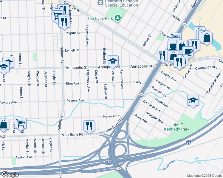 map of restaurants, bars, coffee shops, grocery stores, and more near 4980 Croissant Street in Dearborn Heights