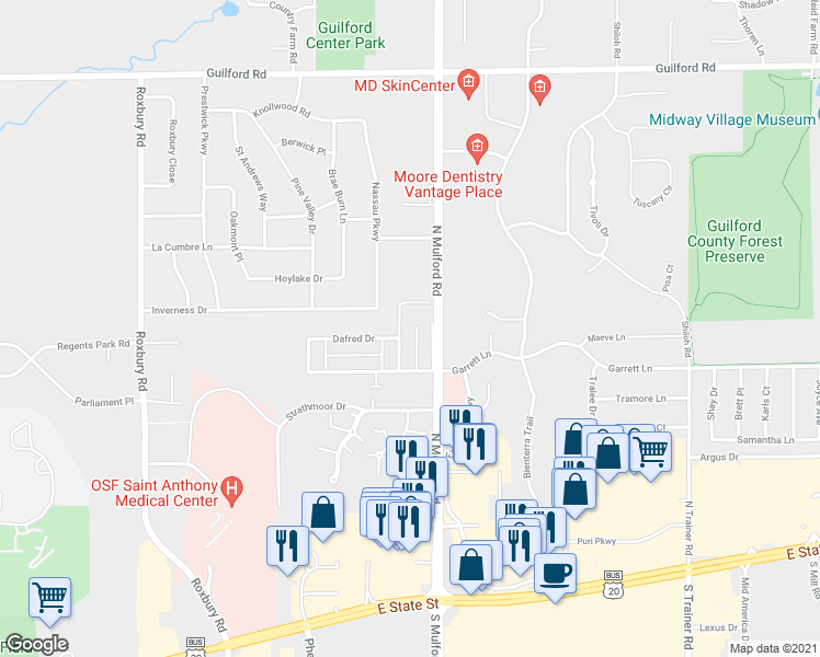 map of restaurants, bars, coffee shops, grocery stores, and more near 591 Donna Drive in Rockford