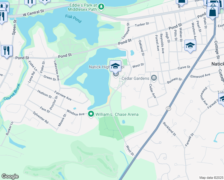 map of restaurants, bars, coffee shops, grocery stores, and more near 15 West Street in Natick