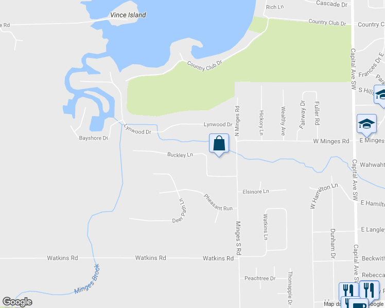 map of restaurants, bars, coffee shops, grocery stores, and more near 125 Buckley Lane in Battle Creek