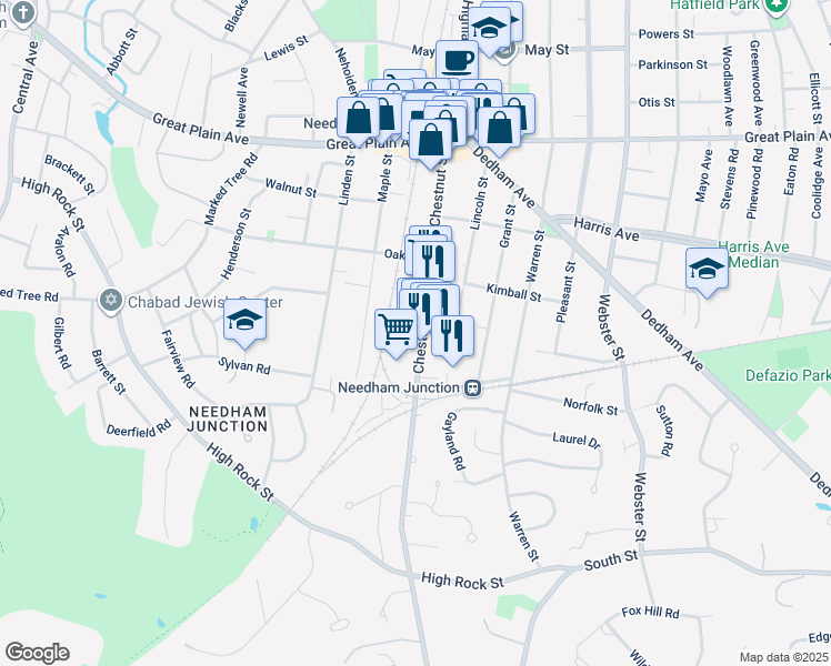 map of restaurants, bars, coffee shops, grocery stores, and more near 333 Chestnut Street in Needham