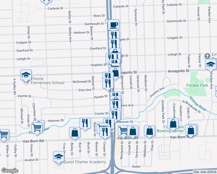 map of restaurants, bars, coffee shops, grocery stores, and more near 4850 South Telegraph Road in Dearborn Heights