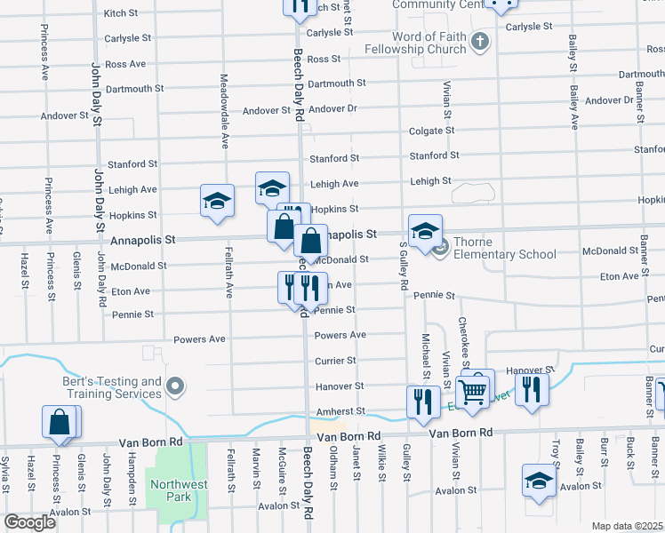 map of restaurants, bars, coffee shops, grocery stores, and more near 25651 McDonald Street in Dearborn Heights