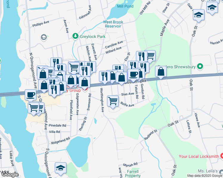 map of restaurants, bars, coffee shops, grocery stores, and more near 246 Boston Turnpike in Shrewsbury