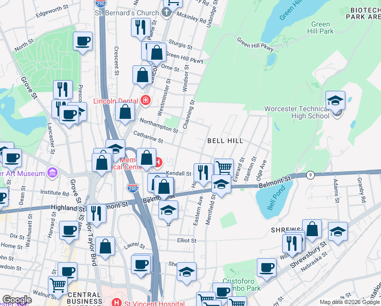 map of restaurants, bars, coffee shops, grocery stores, and more near 38 Catharine Street in Worcester
