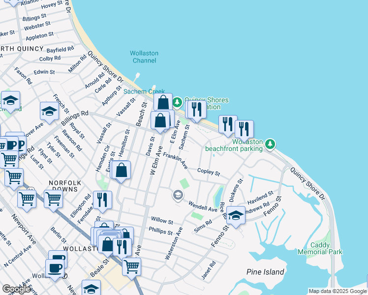 map of restaurants, bars, coffee shops, grocery stores, and more near 1 Sachem Park in Quincy