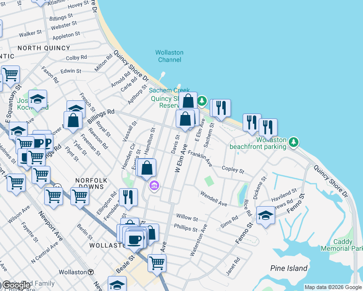 map of restaurants, bars, coffee shops, grocery stores, and more near 109 Davis Street in Quincy