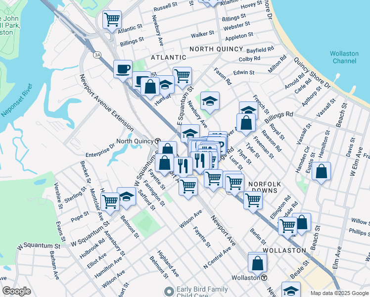 map of restaurants, bars, coffee shops, grocery stores, and more near in Quincy