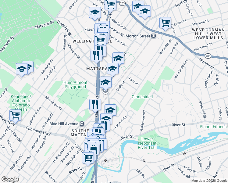 map of restaurants, bars, coffee shops, grocery stores, and more near 220 Delhi Street in Boston