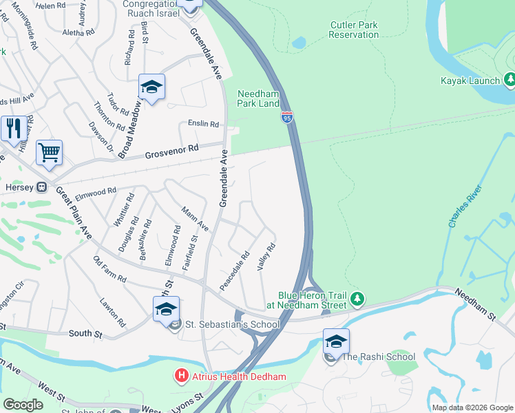 map of restaurants, bars, coffee shops, grocery stores, and more near 94 Valley Road in Needham