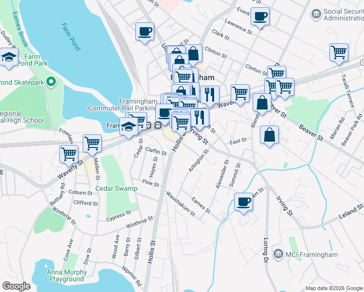 map of restaurants, bars, coffee shops, grocery stores, and more near 29 Gordon Street in Framingham