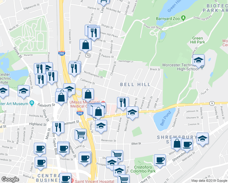 map of restaurants, bars, coffee shops, grocery stores, and more near 31 Hooper Street in Worcester