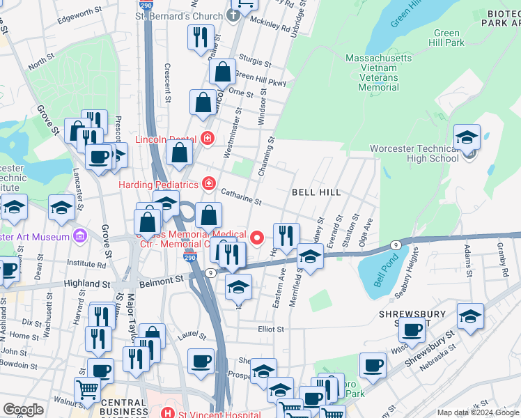 map of restaurants, bars, coffee shops, grocery stores, and more near 12A Channing Street in Worcester