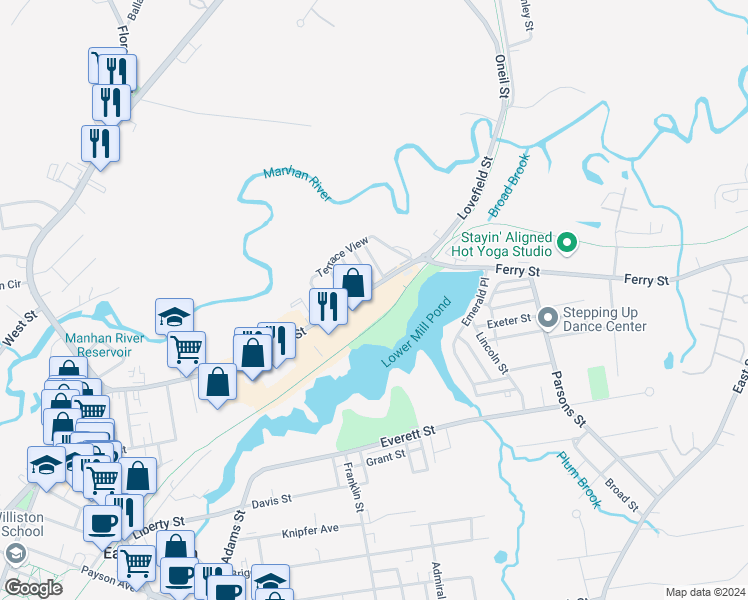 map of restaurants, bars, coffee shops, grocery stores, and more near 150 Pleasant St in Easthampton