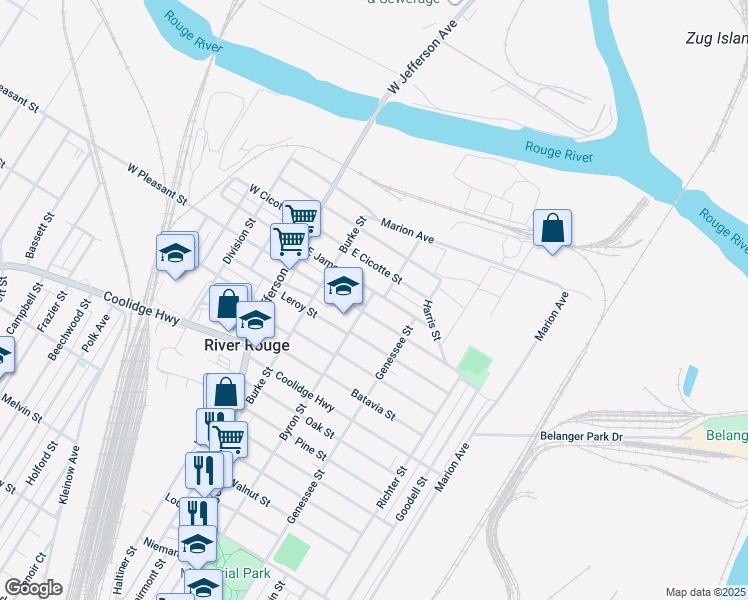 map of restaurants, bars, coffee shops, grocery stores, and more near 80 East James Street in River Rouge