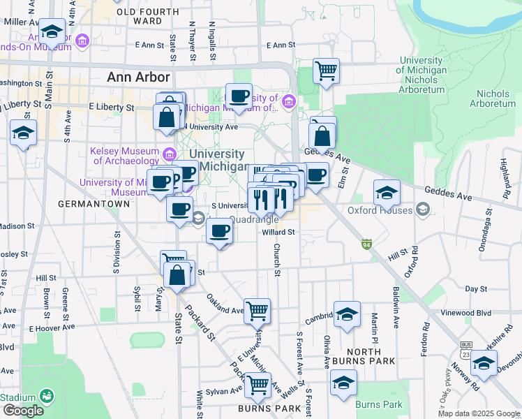 map of restaurants, bars, coffee shops, grocery stores, and more near 550 East University Avenue in Ann Arbor