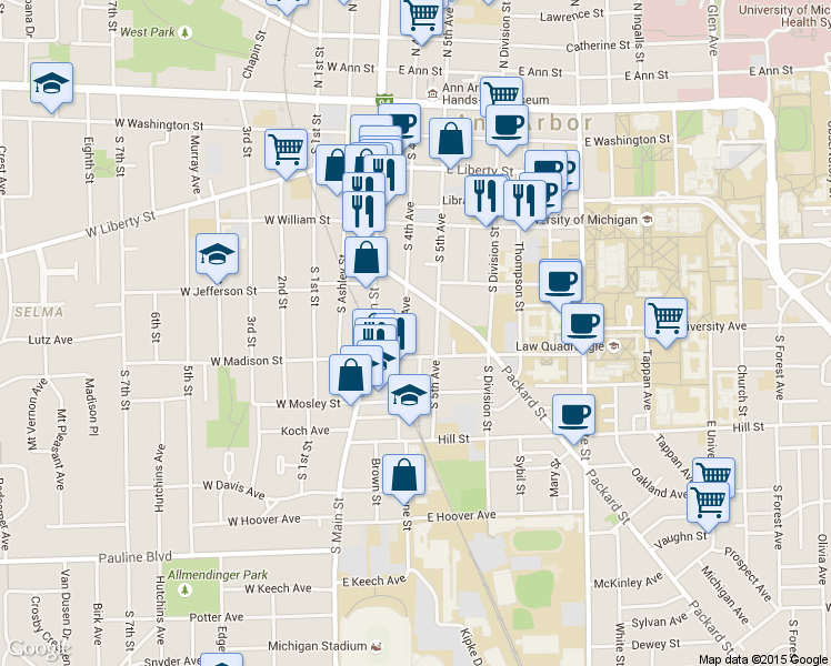 map of restaurants, bars, coffee shops, grocery stores, and more near 554 South 5th Avenue in Ann Arbor