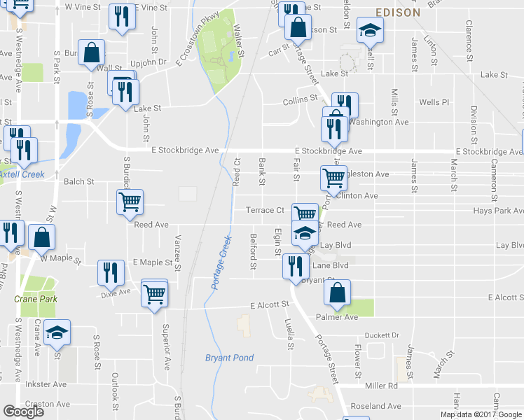 map of restaurants, bars, coffee shops, grocery stores, and more near Terrace Court in Kalamazoo