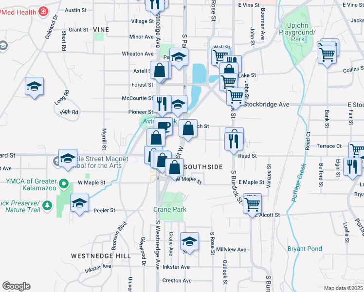 map of restaurants, bars, coffee shops, grocery stores, and more near 1727 South Park Street in Kalamazoo