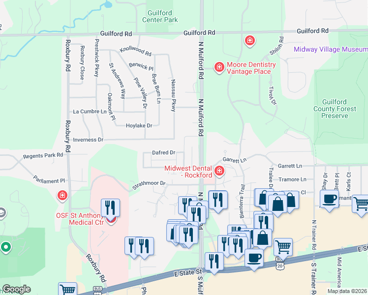 map of restaurants, bars, coffee shops, grocery stores, and more near 571 Donna Drive in Rockford