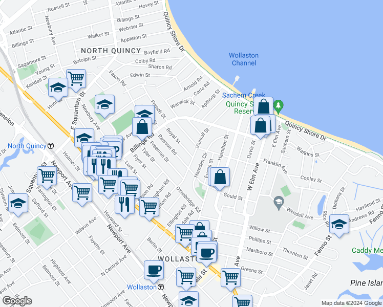 map of restaurants, bars, coffee shops, grocery stores, and more near 74 Royal Street in Quincy