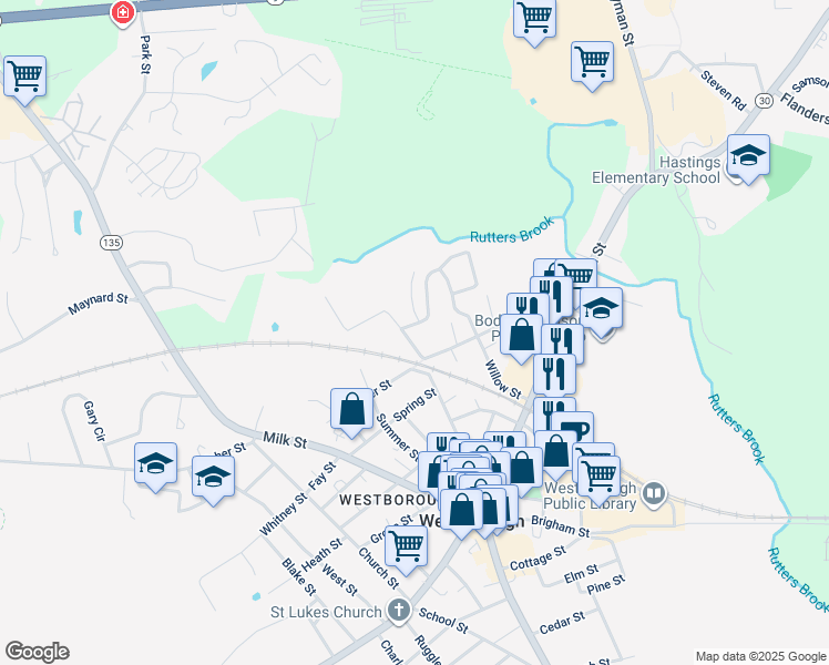 map of restaurants, bars, coffee shops, grocery stores, and more near 3 Mayberry Drive in Westborough