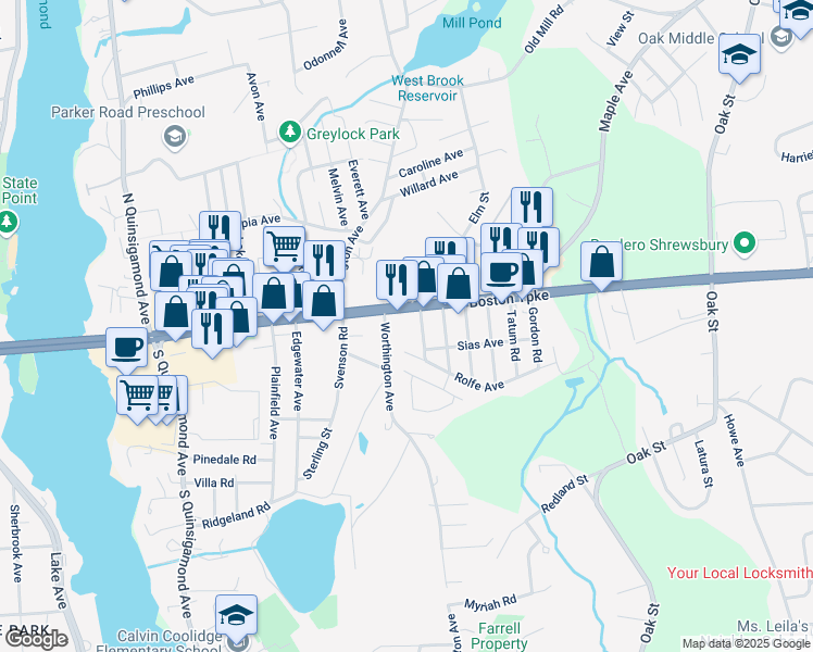 map of restaurants, bars, coffee shops, grocery stores, and more near 246 Boston Turnpike in Shrewsbury