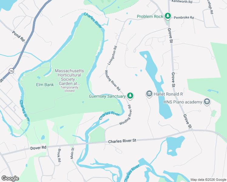 map of restaurants, bars, coffee shops, grocery stores, and more near 182 Winding River Road in Wellesley