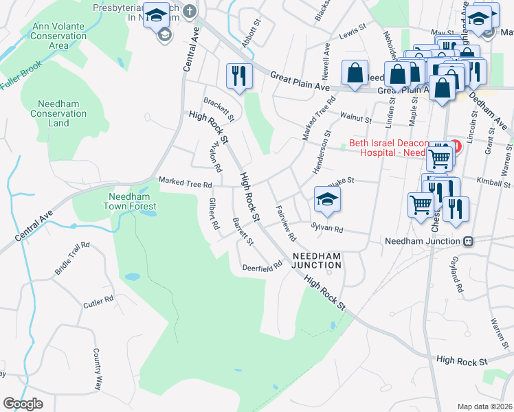 map of restaurants, bars, coffee shops, grocery stores, and more near 455 High Rock Street in Needham