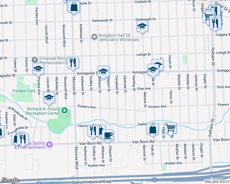 map of restaurants, bars, coffee shops, grocery stores, and more near 4937 Clippert Street in Dearborn Heights