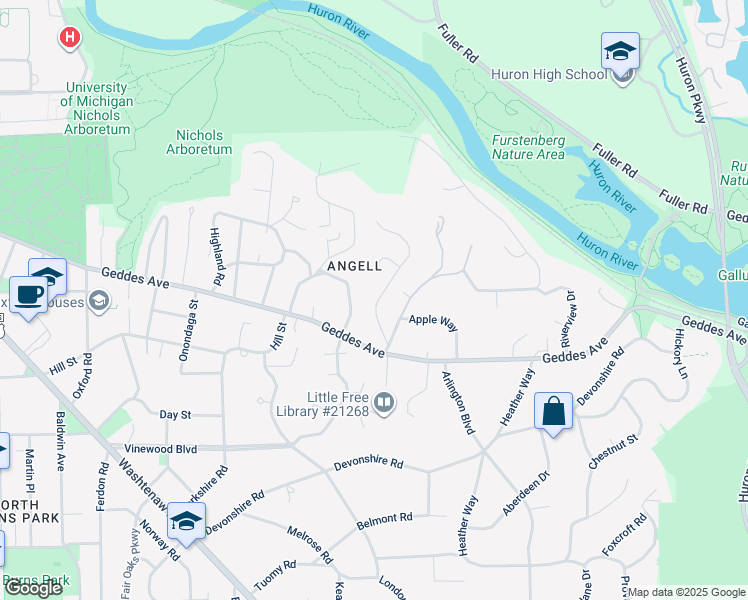 map of restaurants, bars, coffee shops, grocery stores, and more near 521 Rock Creek Drive in Ann Arbor