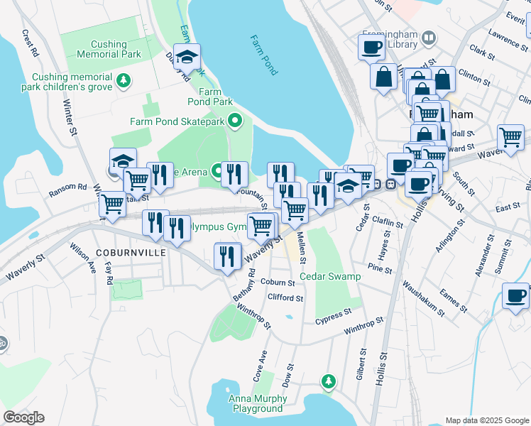map of restaurants, bars, coffee shops, grocery stores, and more near 38 Fountain Street in Framingham