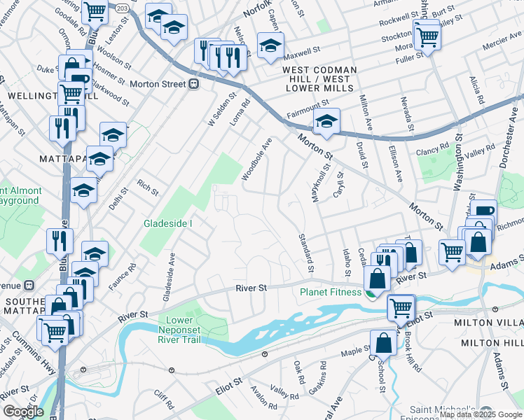 map of restaurants, bars, coffee shops, grocery stores, and more near 61 Woodruff Way in Boston