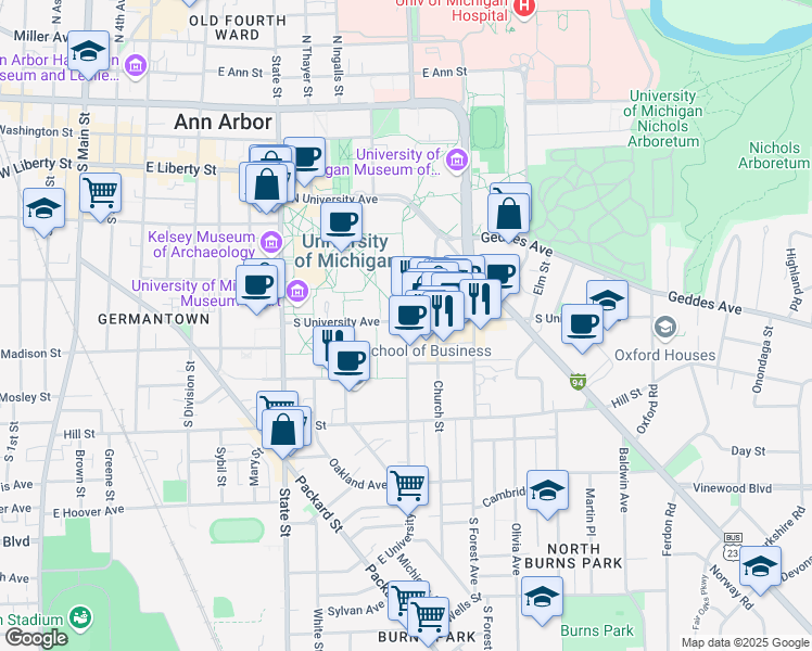 map of restaurants, bars, coffee shops, grocery stores, and more near 430 East University Avenue in Ann Arbor