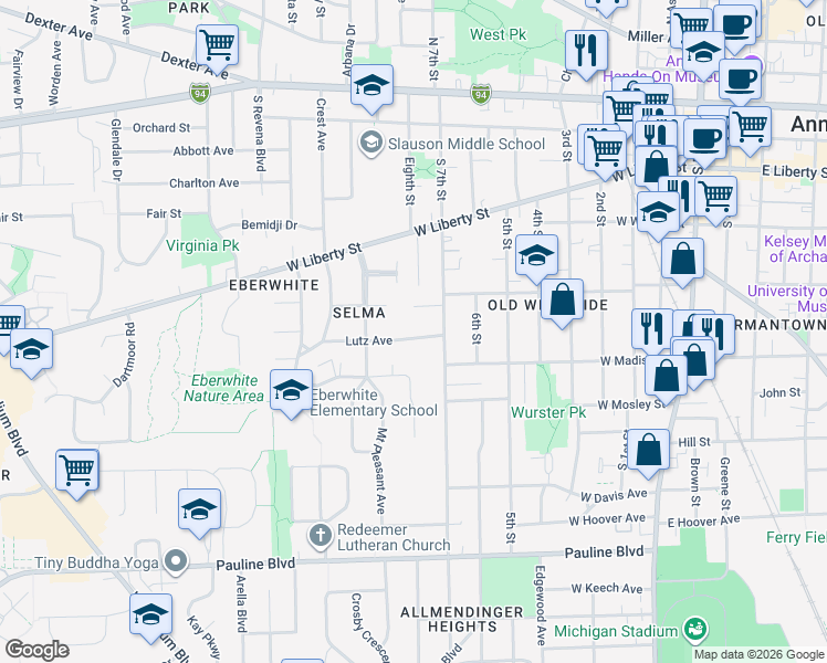 map of restaurants, bars, coffee shops, grocery stores, and more near 1107 Lutz Avenue in Ann Arbor