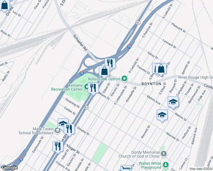 map of restaurants, bars, coffee shops, grocery stores, and more near 1908 Edsel Street in Detroit
