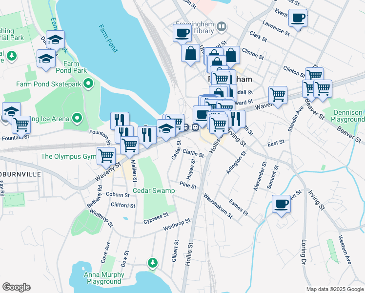 map of restaurants, bars, coffee shops, grocery stores, and more near 73 Claflin Street in Framingham