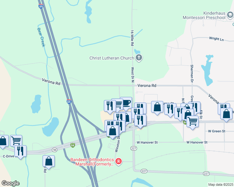 map of restaurants, bars, coffee shops, grocery stores, and more near 15881 McClellan Drive in Marshall