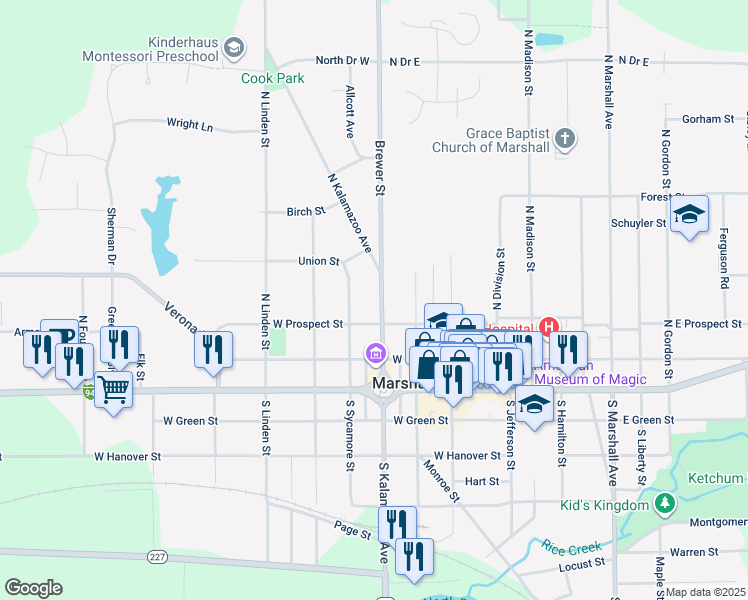 map of restaurants, bars, coffee shops, grocery stores, and more near 317 North Kalamazoo Avenue in Marshall