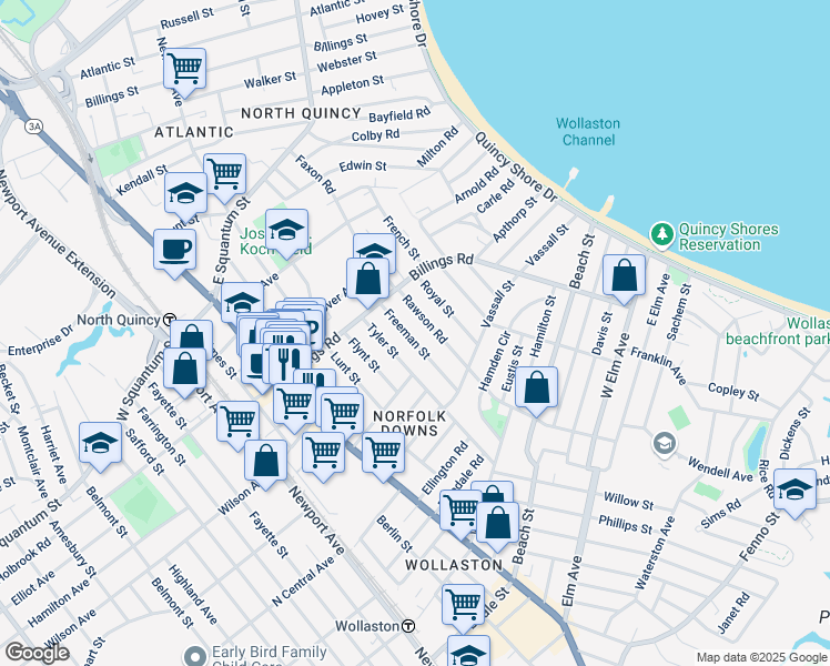 map of restaurants, bars, coffee shops, grocery stores, and more near 39 Freeman Street in Quincy