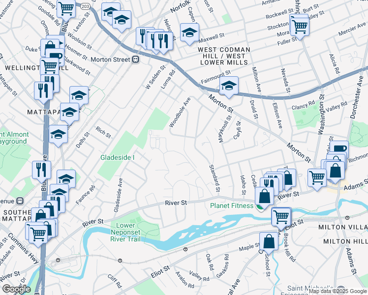 map of restaurants, bars, coffee shops, grocery stores, and more near 217 River Street in Boston