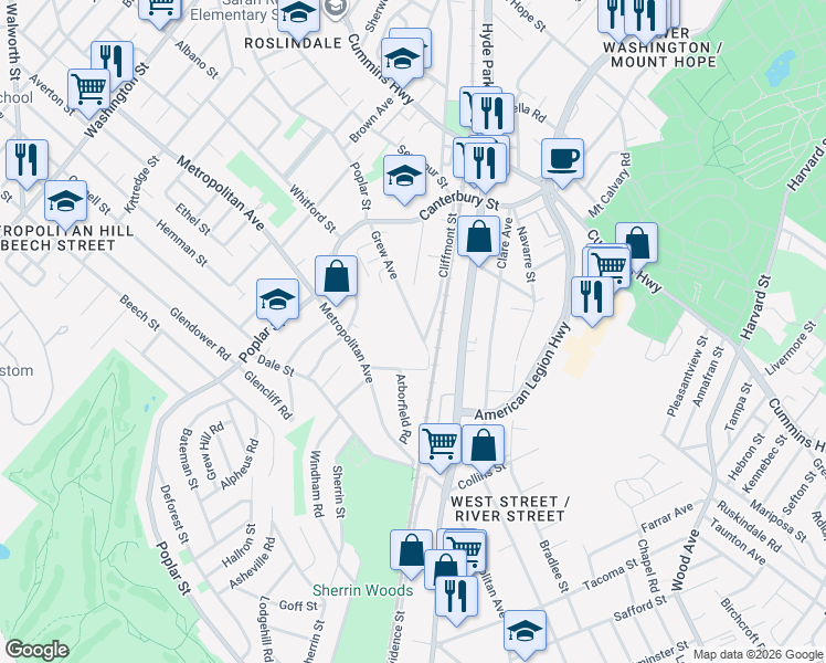 map of restaurants, bars, coffee shops, grocery stores, and more near 119 Grew Avenue in Boston