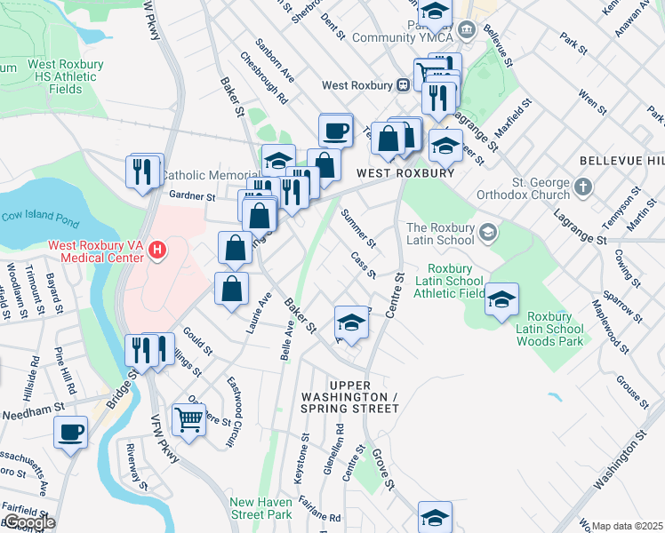 map of restaurants, bars, coffee shops, grocery stores, and more near 20 Birchland Terrace in Boston