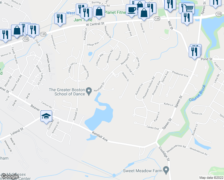 map of restaurants, bars, coffee shops, grocery stores, and more near 34 Walden Drive in Natick