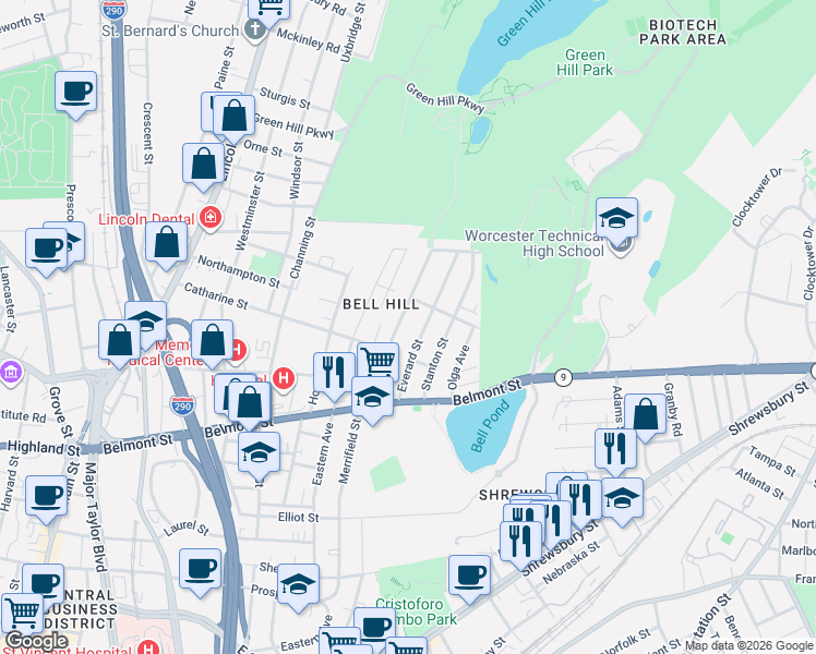 map of restaurants, bars, coffee shops, grocery stores, and more near 57 Rodney Street in Worcester