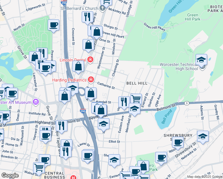 map of restaurants, bars, coffee shops, grocery stores, and more near 12A Channing Street in Worcester