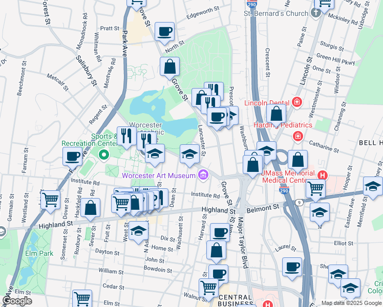 map of restaurants, bars, coffee shops, grocery stores, and more near 85 Salisbury Street in Worcester