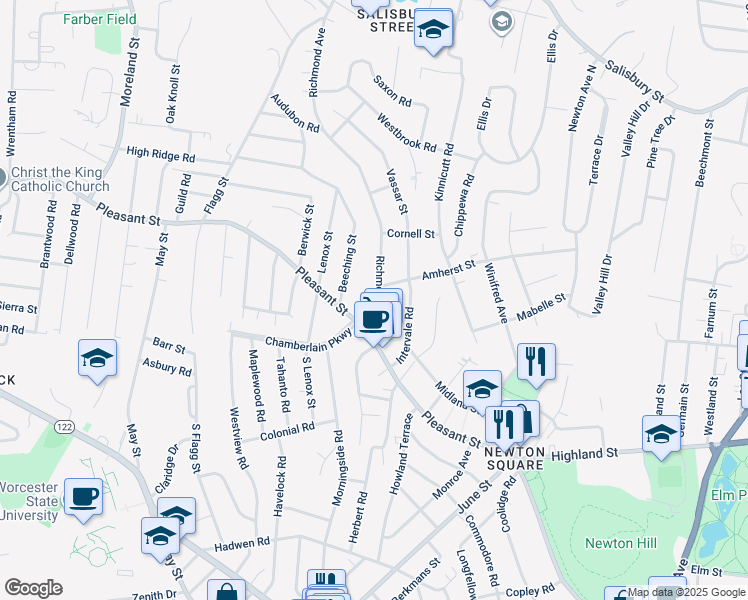 map of restaurants, bars, coffee shops, grocery stores, and more near 2 Ureco Terrace in Worcester