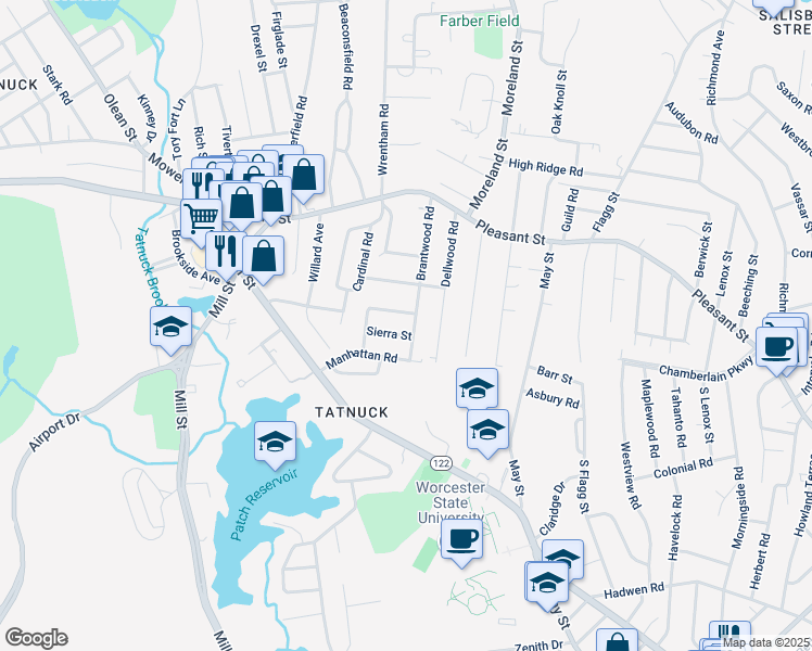 map of restaurants, bars, coffee shops, grocery stores, and more near 89 Brantwood Road in Worcester