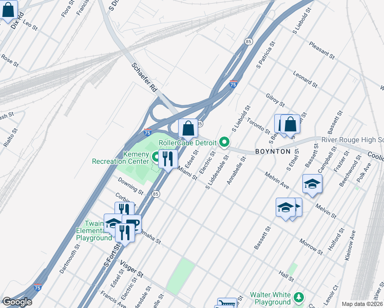 map of restaurants, bars, coffee shops, grocery stores, and more near 1908 Edsel Street in Detroit
